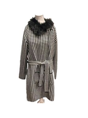 Jane and John L black & white houndstooth wrap belt jacket with faux fur
